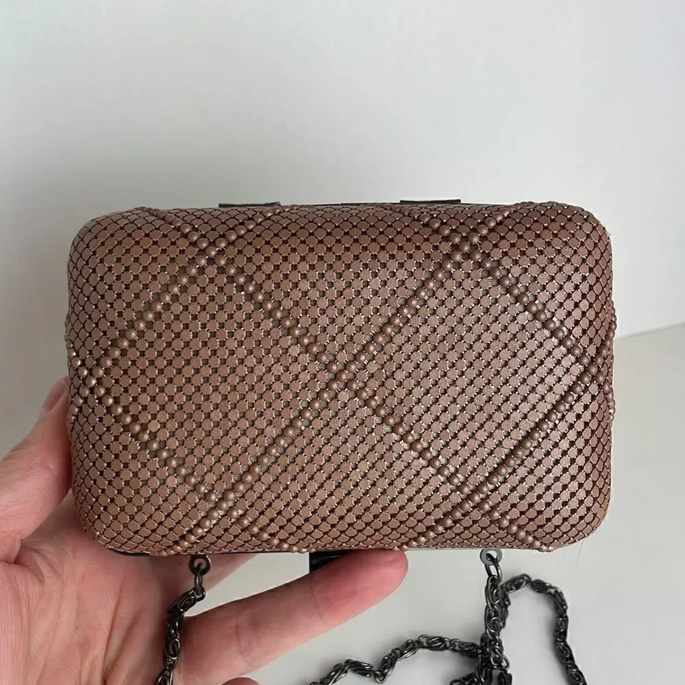 Nicole Miller Blush Pink Metal Mesh Chain Strap Structured Frame Evening Bag